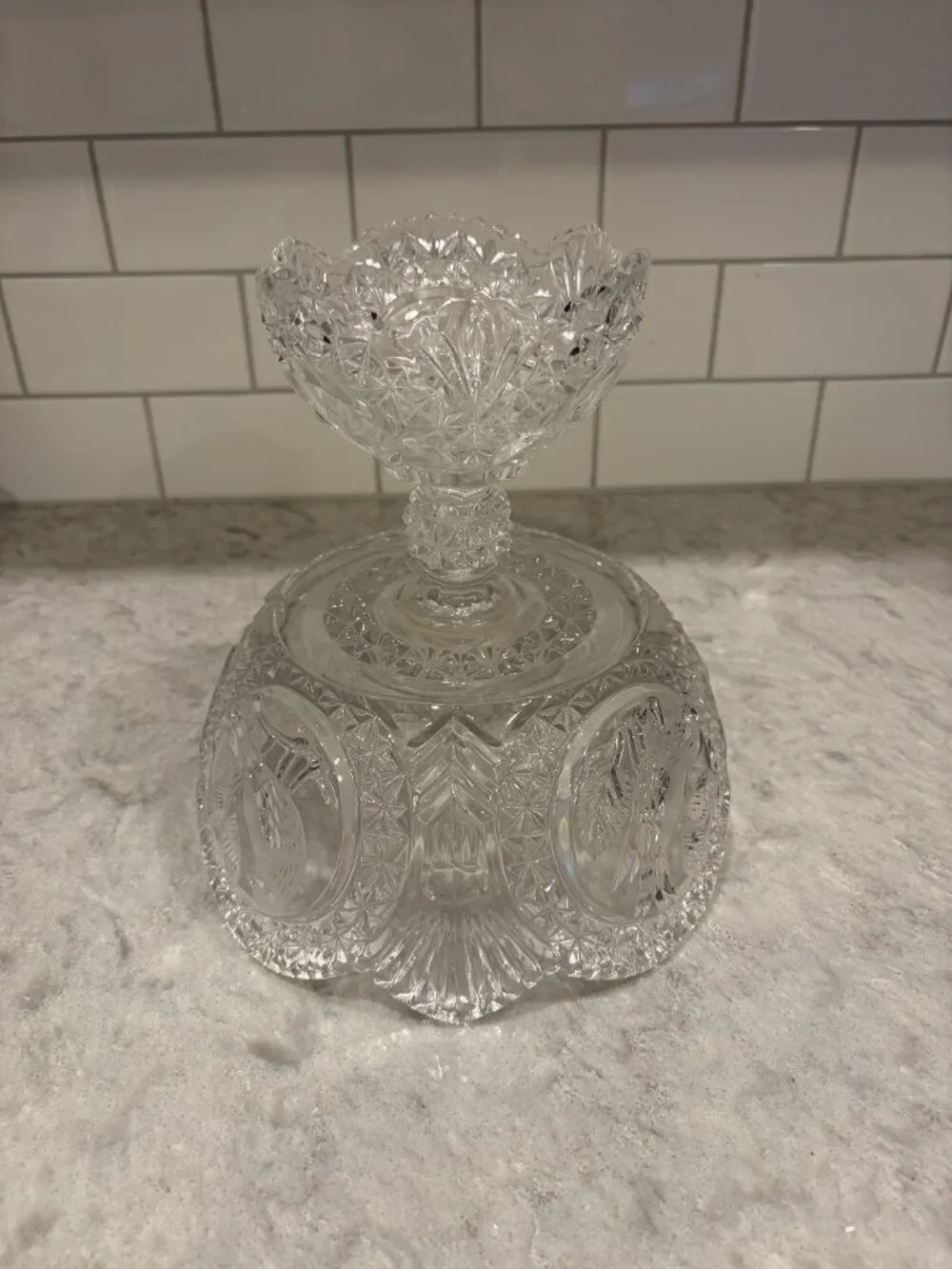 HOFBAUER Byrdes German Crystal Compote Bowl Etched Birds